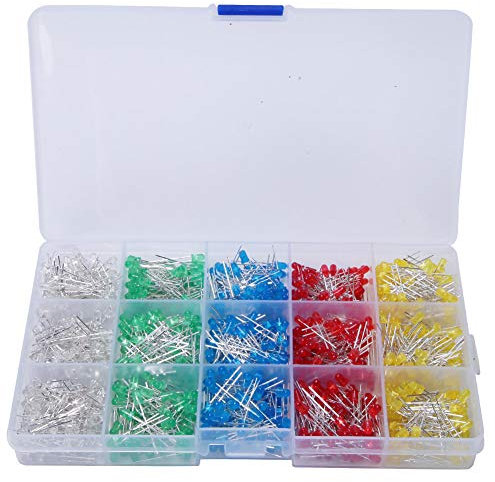 1000Pcs 3mm LED Light Emitting Diodes Assortment Kit, Mini Small Individual Assorted Color Red Yellow Blue Green White LED Light Diode Bulbs Set Box for, Breadboard, Indicator