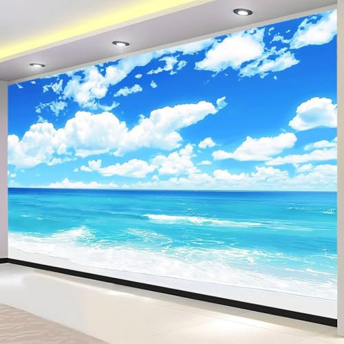 Fotomurales 300 x 210 cm Playa Papel Pintado Tejido No Tejido Vista Al Mar Fotomural Efecto 3D Papel Tapiz Decorativos pared Murales Póster para Dormitorio Salón TV Pared B2197