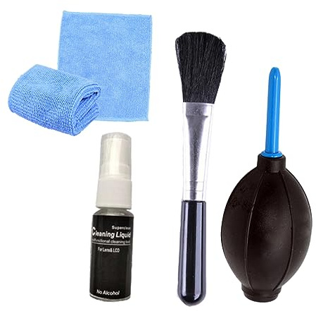 Kit de Nettoyage pour Ordinateur 4 Pièces, Plastique Noir | Brosse Électronique, Air Soufflant et Flacon 20ml, Chiffon pour Zones Difficiles
