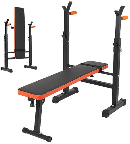 Panana Adjustable Folding Weight Bench with Dip Station, Heavy Duty Bench Press with Barbell Rack, Full Body Workout Strength Training Incline Decline Flat Bench for Home Gym