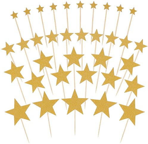 Cupcake Stecker Gold Sterne Gold Cake Topper Kuchen Deko Goldene Sterne Tortendeko Muffin Deko Glitter 35 Stück Muffins für Geburtstag Hochzeit Baby Dusche Verlobung Weihnachten Party Kuchen Cupcake