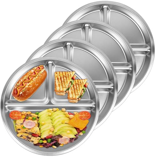 Set di 4 piatti in acciaio inossidabile, vassoio per controllo porzioni da 22,9 cm con 3 scomparti, piatti da pranzo infrangibili, vassoio alimentare diviso in acciaio inossidabile per