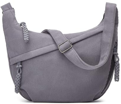 Jiliyote Crossbody Bag Damen Umhängetasche cord Tasche,Halbmond Tasche mit verstellbare Schultergurt und Reißverschluss für Reisen und Uni (Hellgrau)