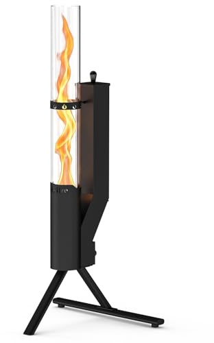 Onlyfire Estufa de Exterior de Pellets, Antorcha con Llama en Espiral de 360°, Chimenea de Jardín con Cilindro de Cristal de 65cm, Brasero de Exterior para Terraza y Camping, Altura Total 110cm
