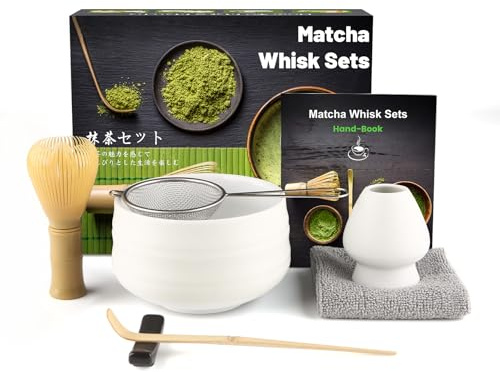 Anei 7 st matcha-set, matcha-te för att göra frukost/latta, whiskset och skål med alla tillbehör, gåva till älskare, matt vit skål, PP harts stimulera gul