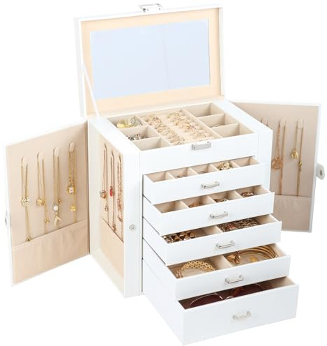 BOOVO Jewelry Box For women, 6 Layer Large Jewelry Organizer With Mirror, Multi-Function Storage Box With Lock, Necklace Holder With 5 Drawers, For Earrings Necklace Bracelet (Silver and White)