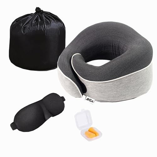 Travel Neck Pillow – 100% Memory Foam Ergonomic Cushion for Airplane, Car, Train & Office Naps – Soft & Portable Design with Eye Mask, Ear Plugs & Carry Case