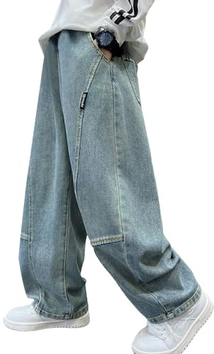Baggy Bleu Garçon 13-14 Ans Jean Large Ado Pantalons en Denim Printemps Automne Cargo Style Hip Hop Streetwear