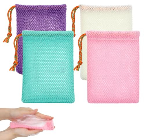 4 stycken tvålpåsar, tvålpåsar för fast tvål, färgglad tvålpåse för fast tvål, nylon, tvålsäck för dusch med dragsko, tvålnät för skumning, torkning (4 färger, 14 x 10 cm)