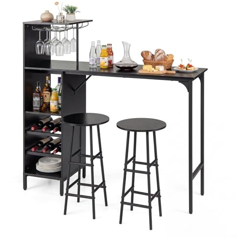 COSTWAY Bartisch mit Barhocker Set, 2 Personen Bartisch Set mit Seitenreghal, Halterungen für Weingläser & Flaschen, Küchentheke für Wohnzimmer, Esszimmer und Küche (Schwarz)