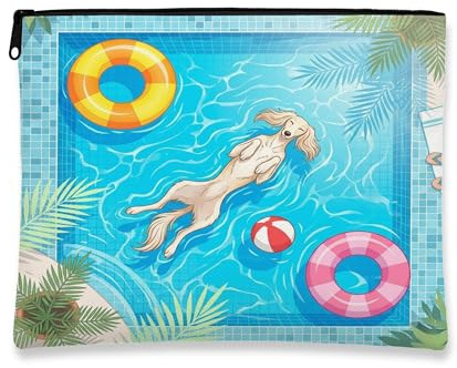 Saluki Dog Makeup Bag, Cute Pool Lifebuoys Tropical Cosmetic Travel Pouch for Women Girls, Portable Small Canvas Zipper Organizer, Pet Toiletry Bag 7x9 Inch