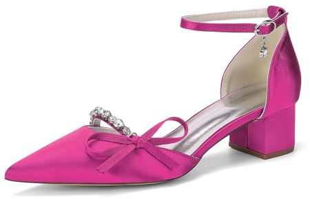 HFWXYSA Chaussures À Talon Bloc pour Femme Strass Bride De Cheville Escarpins À Bout Pointu Satin Chaussures De Mariage De Soirée,Fuchsia,37 EU