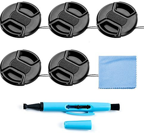 Fotover 46mm Lens Cap Bundle, 5 Pack Universal Snap on Front Centre Pinch Lens Cover Set with Microfiber Lens Cleaning Cloth for Canon Nikon Sony Olympus DSLR Camera + Camera Lens Cleaning Pen