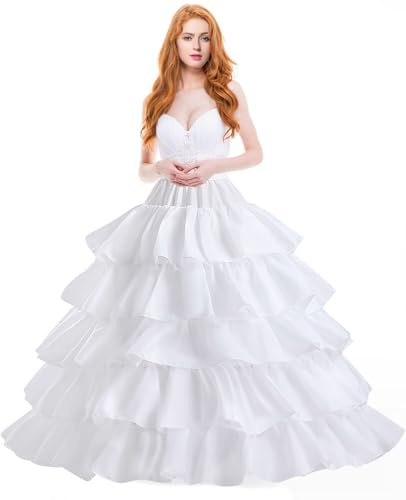 SISROL Women's Crinoline Petticoat Underskirt 4 Hoops Skirt 5 Ruffles Layers Ball Gown Half Slips for Wedding Bridal Dress White