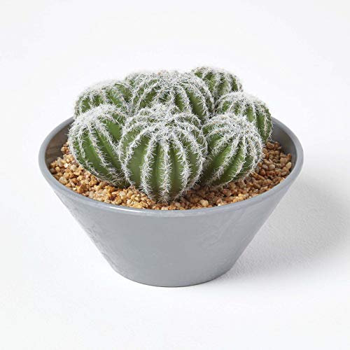 HOMESCAPES Lifelike Round Barrel Artificial Cactus Arrangement In Grey Melamine Pot, 17cm Tall Artificial Plant for Indoor Decoration