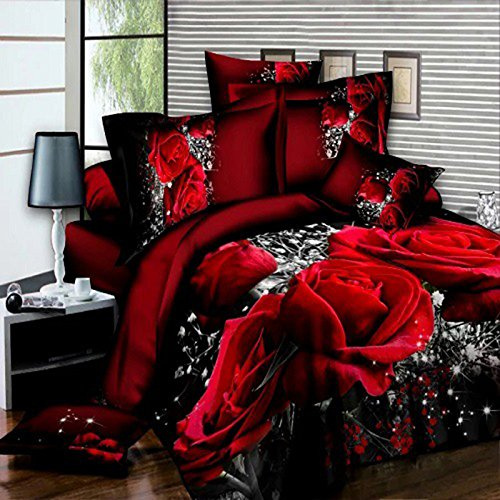 Zantec Set da Letto 4 PZ 3D Big Red Rose Floral Bedding Set Copripiumino Matrimonio Lenzuola Federe Set Letto