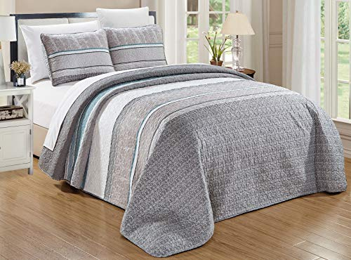 Grand Linen - 3-Piece Fine Printed Oversized King Size (115 X 95) Light Weight Quilt Set Reversible Bedspread All-Season Coverlet Bed Cover (Grey, Teal Blue, White, Stripe)