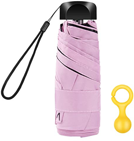 Vicloon Mini Parapluie Pliant, 6 Côtes Ultra Léger Parapluie de Poche, 176g, Compact Portable Anti-UV, avec Porte-parapluie de Rangement, Voyage Parapluie Pliable pour les Activités de Plein, Rose
