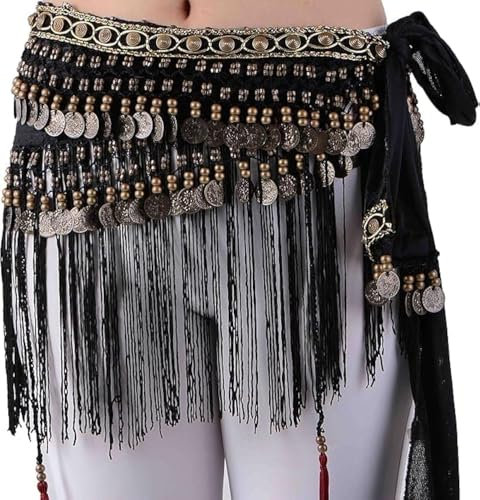 Wuchieal Bauchtanz Hüfttuch Bauchtänzerin Tribe Style Gürtel Quaste Hüfttuch Samt Taille Kostüm (Schwarz, One Size)
