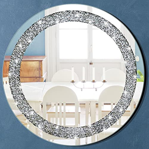 Wandspiegel, rund, für Heimdekoration, zerkleinerter Kristall, Diamant, Silber, 59,9 x 59,9 x 2,5 cm, zum Aufhängen an der Wand, ohne Rahmen, Spiegel, Glas, Diamant Dekor