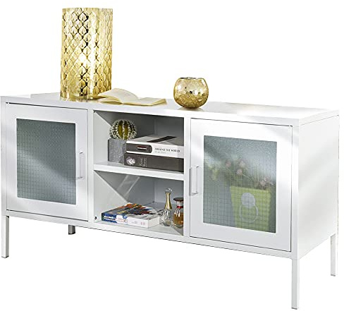 BAKAJI Mobile Mobiletto TV Televisione in Metallo Credenza con 2 Ante + Doppio Scomparto Centrale Porta Console Videogiochi DVD Design Moderno Industriale Arredamento Casa 120 x 40 x 58 cm (White)