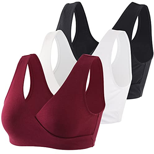 COLOMI Maternity Nursing Bra Wireless Cotton Breastfeeding Bra for Sleep (Black+White+Red Wine/3Pack, XL, x_l)