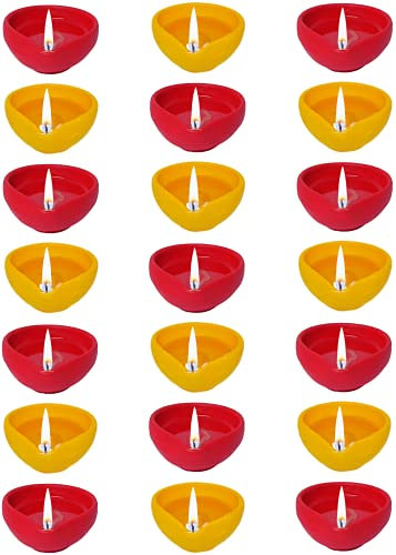 Indian Karigar Dekorative Diwali Diyas Bunte Lichter Ton Traditionelle Handgemachte Terrakotta Diya Beleuchtung für Navratari Dekoration Diwali Geschenkbox Puja Festival 20er Set (Rot Gelb)