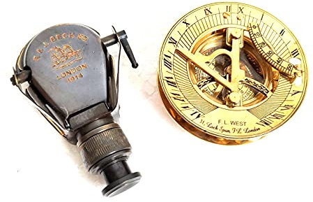 Negro y dorado 3 pulgadas redondo Sundial Brújula - Reloj de sol de latón macizo con vidrio espía binocular monocular de latón antiguo negro