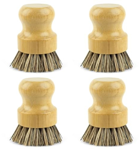 AUEAR, Natural Bamboo Dish Scrub Brush Cleaning Pot Scrubber Brushes Coconut Bristles for Cast Iron Skillet Pots Pans (4 Pack)