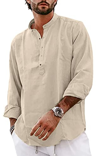 YAOBAOLE Men's Casual Long Sleeve Henley Shirts Cotton Linen Men Shirt Yoga Linen Top Khaki XL