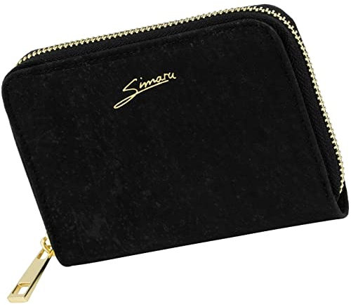 SIMARU Kork Geldbörse Damen, RFID-Schutz, kompakter Geldbeutel, Kartensteckplätze innen, Reißverschlussfach außen, nachhaltiges Portemonnaie (Schwarz)