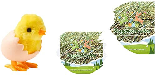 Conny Clever 2X Bergwiesenheu für Osternester - Osterdeko zum Basteln - natürliches Ostergras für Osterkörbe - etwa 50 g je Beutel (Set4 - Bergwiesenheu - 2X) + laufendes Kücken