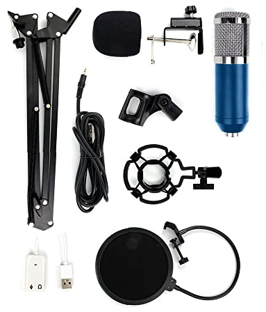 Kondensatormikrofon-Kit BM-800 Mikrofon-Set mit verstellbarem Mikrofon-Aufhängung, Scherenarm, Metall-Stoßhalterung und doppellagigem Pop-Filter für Studioaufnahmen, Rundfunk (Blau + Silber)