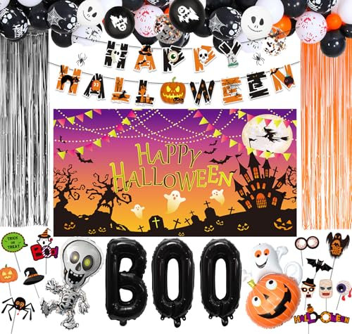 Fontee® 82 piezas Juego Decoración de Fiesta Halloween Pancarta de Globos, Esqueleto, Calabaza, Globo de Papel de Aluminio Fantasma Globo de Látex para Barra Halloween Accesorios para el Hogar