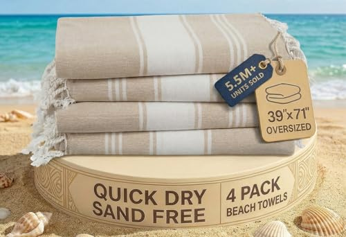 LANE LINEN Beach Towel 4 Pack, Oversized Beach Towels for Adults, Lightweight Travel Beach Towels, Pre-Washed for Soft Hand Feel, Quick Dry Beach Towels, 39x71 - Beige