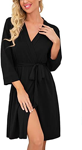 PrinStory Bademantel Damen Weich Morgenmantel Kimono V-Ausschnitt Reisebademantel Leicht Nachtwäsche Kurz Saunamantel (Schwarz, L)