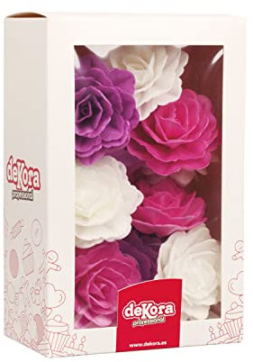 Dekora - Caja de 15 Rosas de Oblea para Decorar - Flores Comestibles para Tartas - Decoración Tarta Cumpleaños de Oblea - Colores Surtidos - 7 cm