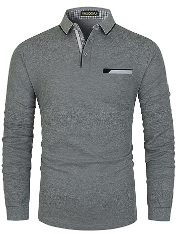 VHUQGVU Polo Homme Manches Longues Coton Mode Contraste Basic Regular Slim Fit Sports T-Shirt,Gris,L