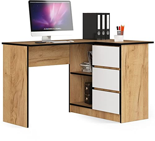 AKORD Scrivania Ad Angolo B-16 Con 3 Cassetti e 2 Ripiani | Per L'Ufficio in Casa | L124 x H77 x P85, 48kg | Quercia Artigianale & Bianco Frontale