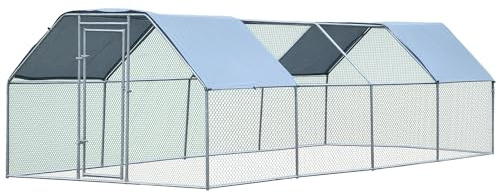 PawHut Large Chicken Coop Metal Chicken Run with Waterproof and Anti-UV Cover, Flat Shaped Walk-in Fence Cage Hen House for Outdoor and Yard Farm Use, 1.3 Tube Diameter, 9' x 24' x 6.5'