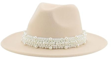 SOYNIA Fedora Trilby Filzhut Hut Damenhüte Fedora Breite Krempe Bandgürtel Perle Panama-Fedora Formelle Kirche Hochzeit Luxuriöse Filzhüte 59–61 cm (XL) Beige