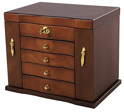 DaiJiubu Portagioie a specchio, con chiusura a specchio, trasparente, per orecchini, per collane, vassoi e ragazze, 5 portagioielli con cassetti, grande valigetta in legno + specchio