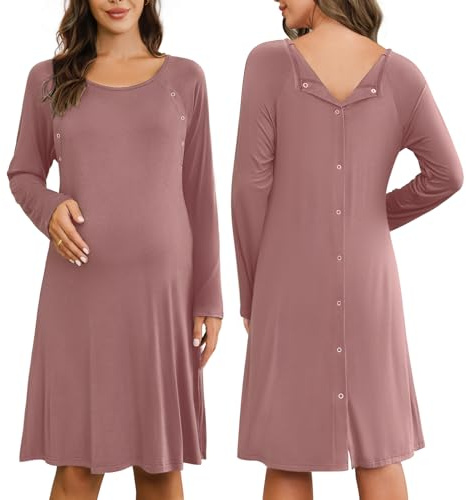 Ekouaer Women Maternity Nightgown Labor Delivery Nursing Gown Hospital Breastfeeding Dress Button Down Long Sleeve Sleepwear Dusty Pink S