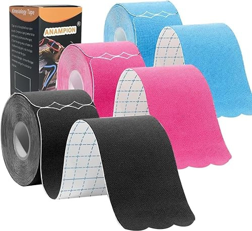 ANAMPION Kinesiologitejp 3 rullar, kinesiologitejp för fysik, vattentät kinesiotejp för knä, armbåge och axel (svart+blå+rosa, förklippt våg 3 rullar)
