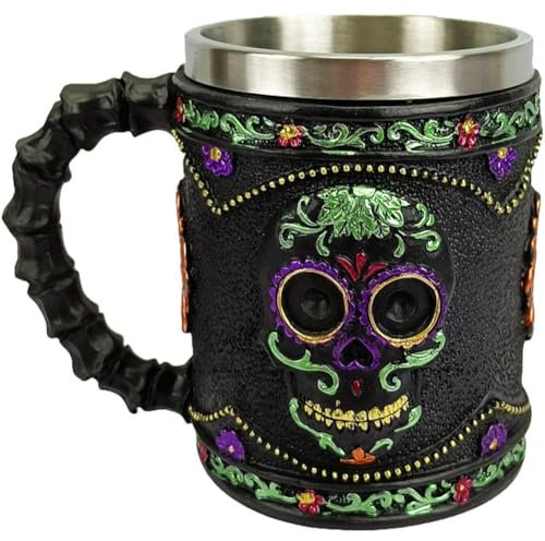Zghhc Skull Beer Mug Day of the Dead Resin Tankard Skull Wine Goblet with Stainless Steel Insert Halloween Theme Party Decor