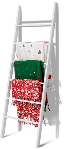 Delywh Wood Blanket Ladder, 57.5'' Rustic Towel Quilt Throw Blanket Ladders for The Living Room, Bedroom, Nursery Stand Holder, Wooden Decorative Ladder for Blankets Rack Farmhouse Home Decor, White