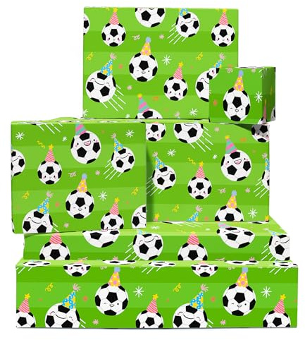 Fußball-Geschenkpapier für Ihn – 6 Blatt grünes Geschenkpapier mit Anhängern – für Sohn Enkel Neffe Bruder – mit Aufklebern – recycelbar – von Central 23