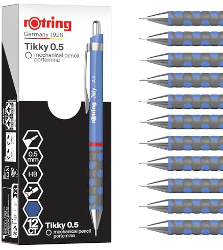 rOtring Tikky Druckbleistift | HB 0,5 mm | Schaft in Iris (Blau) | Leicht mit gummierter Griffzone | 12 Stück