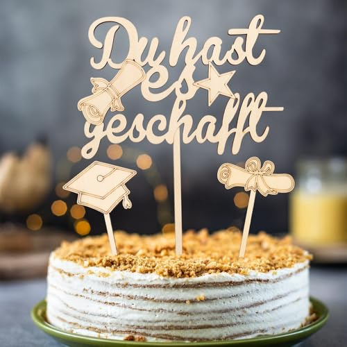 Gleevio Du Hast es Geschafft Cake Topper Holz,3 Stück Abschluss Tortendeko | Graduation Deko Torten,Graduation Hat Cupcake Topper,Tortendeko Abitur 2026,Congratulations Cake Topper für Abschlussfeier