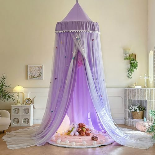 Lsimeru Rüschen Doppelschicht Baldachin Kinderzimmer Violett Betthimmel Babybett Kinderbett Himmel Bettvorhang Princess Moskitonetz Insektennetz Himmelbett Vorhang für Babyzimmer